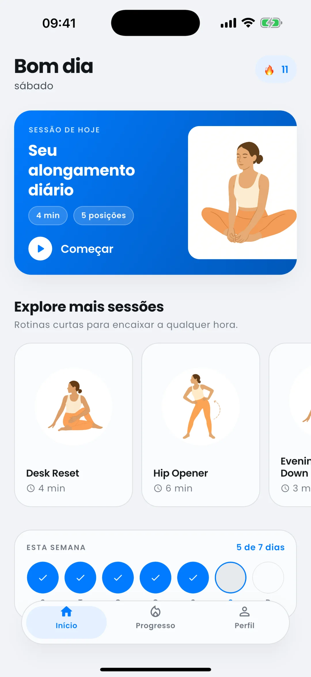 Tela inicial do Limber com a sessão do dia, sessões para explorar e a semana em andamento