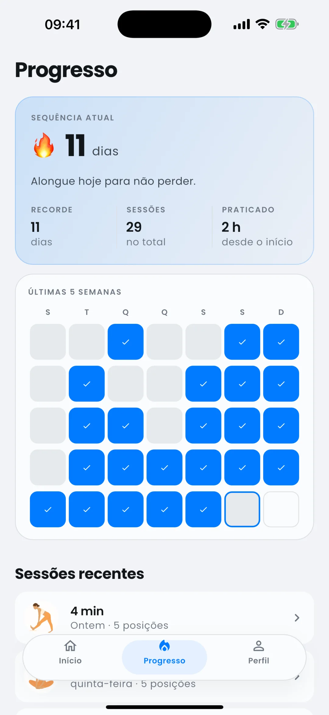 Tela de progresso do Limber com sequência de 11 dias, calendário de cinco semanas e sessões recentes