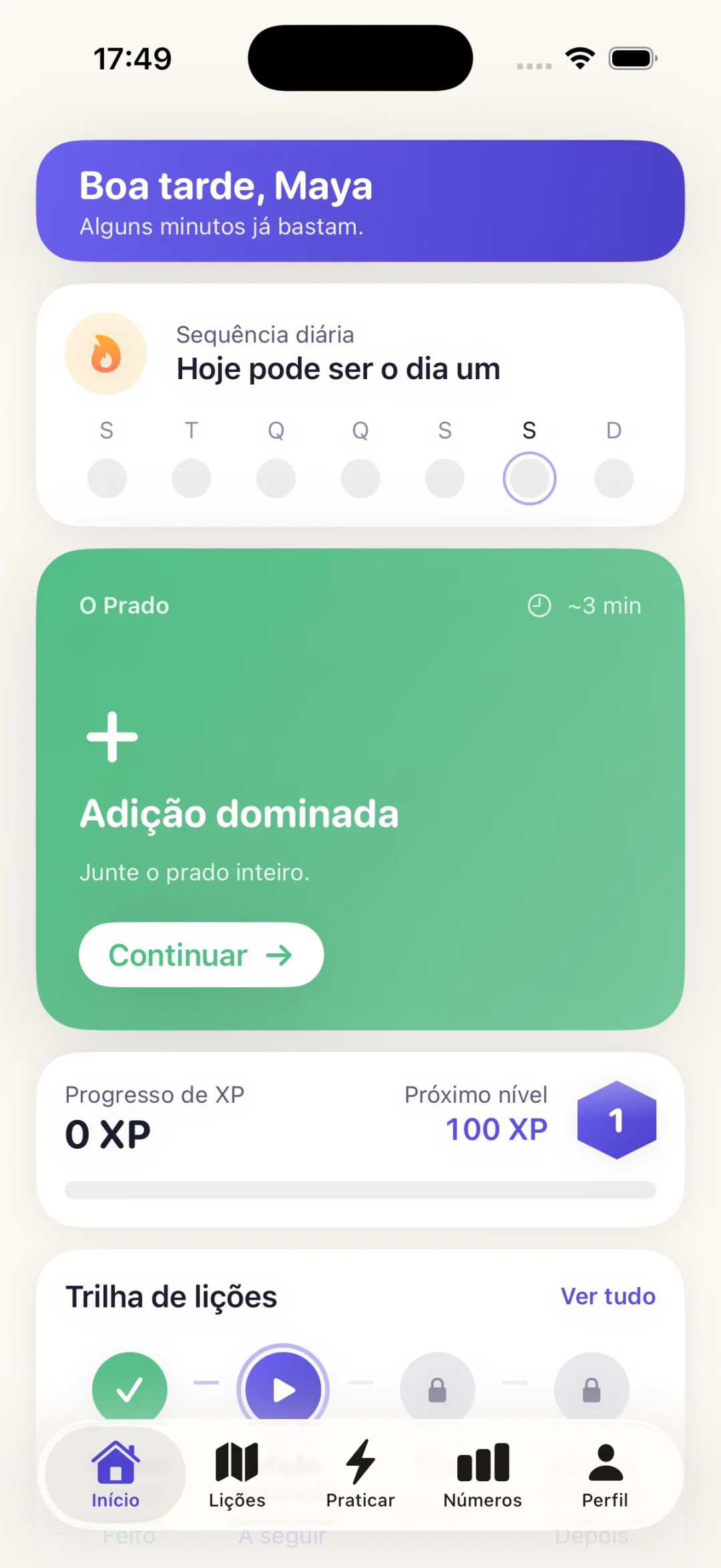 Tela inicial do Numera com sequência diária, lição do dia e trilha de lições