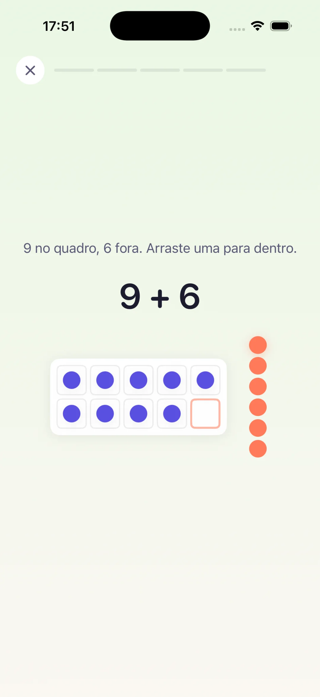 Exercício do Numera: 9 mais 6 representado em um quadro de dez com fichas arrastáveis