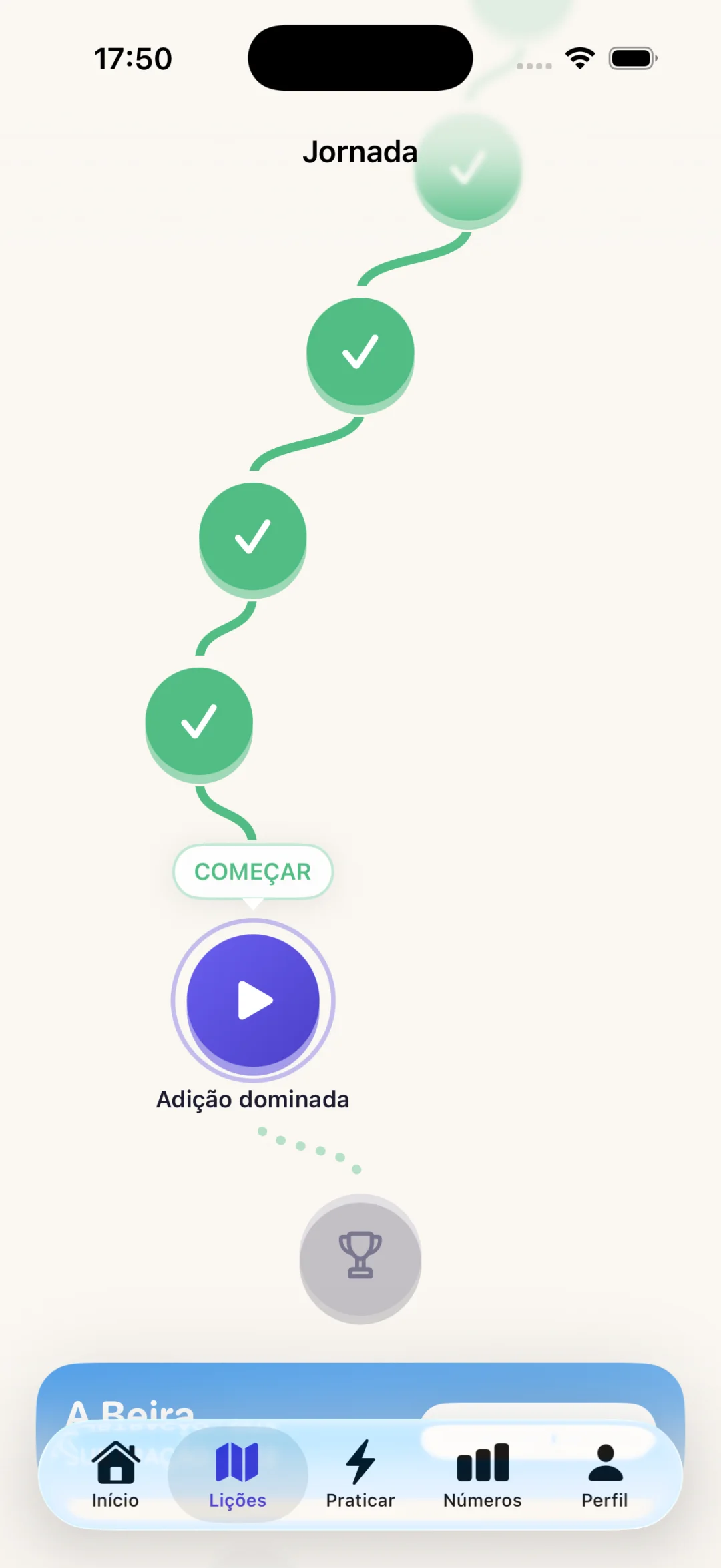 Trilha de lições do Numera, com etapas concluídas, atual e bloqueadas