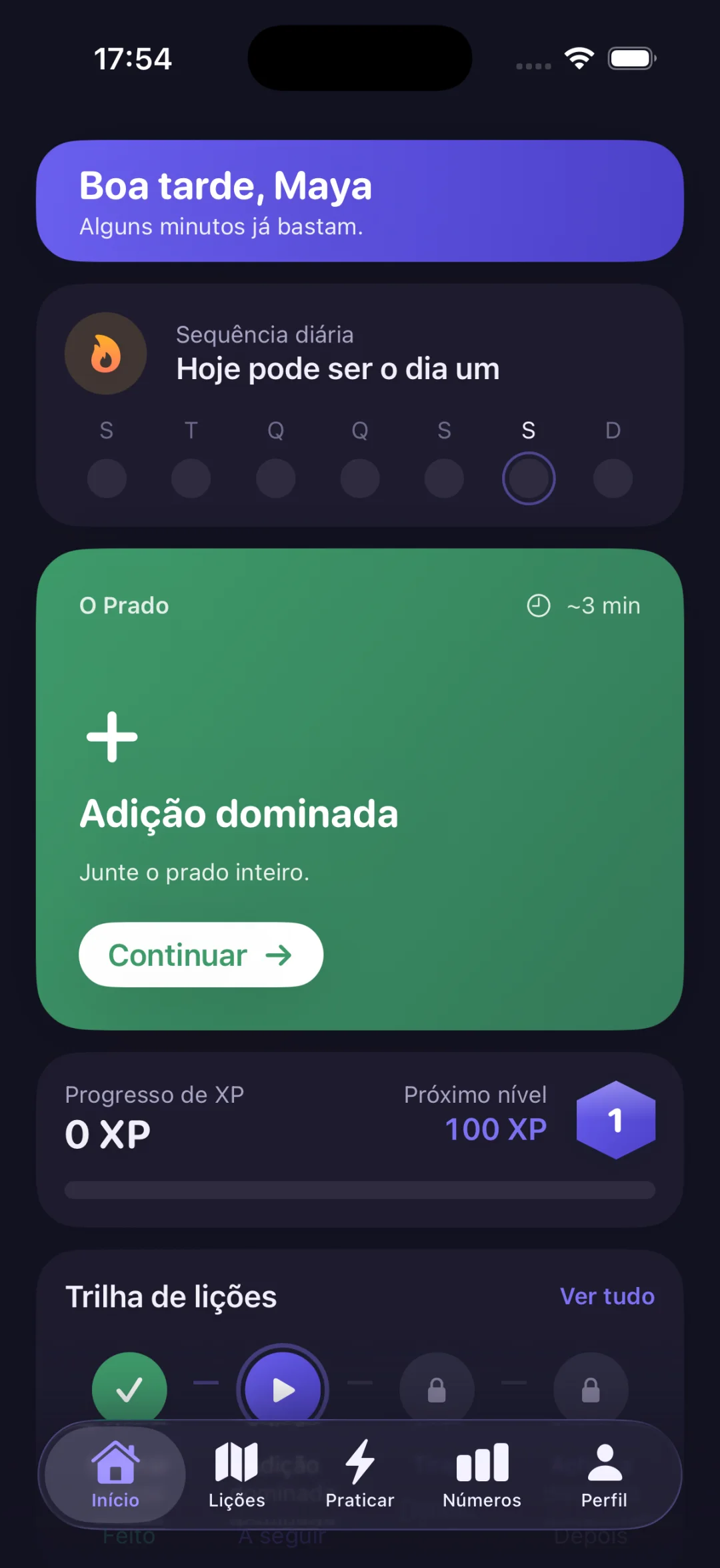 Tela inicial do Numera em modo escuro