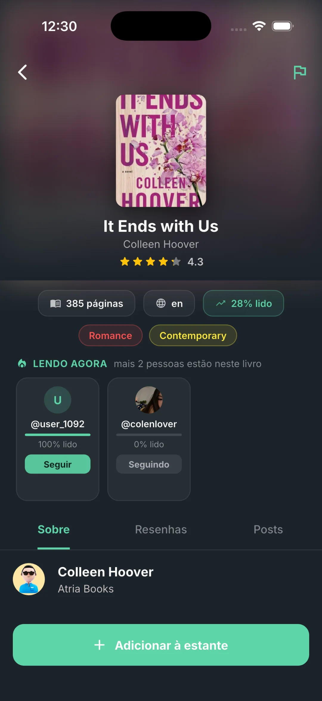 Tela de detalhe de um livro no Livrify, com informações, avaliação e resenhas