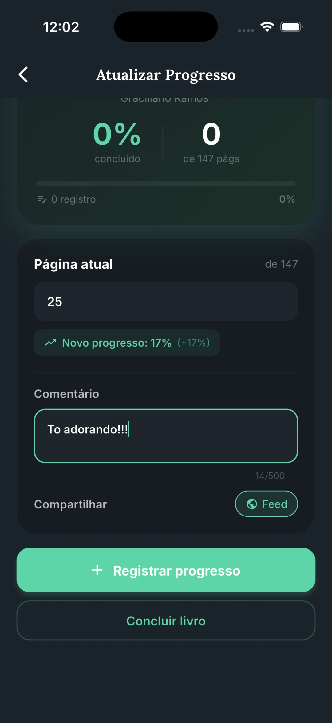 Tela de atualizar o progresso de leitura no Livrify, por número de páginas