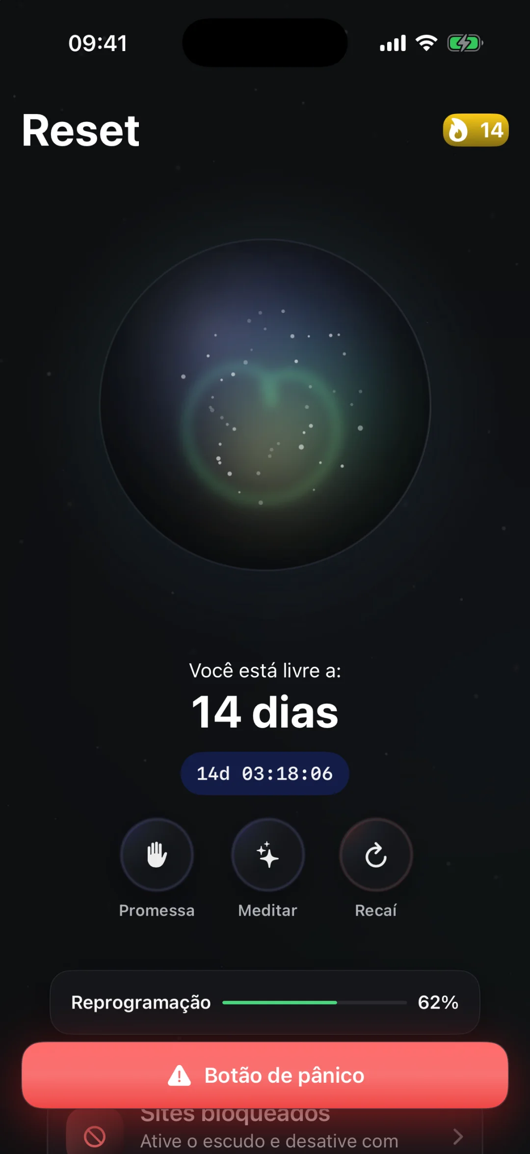 Tela inicial do Reset com orbe, contador de 14 dias, progresso de reprogramação e botão de pânico